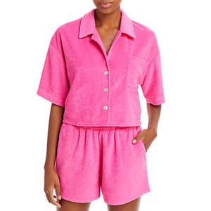 Aqua Swim Women Collared Pocket Crop Top Pink Size M